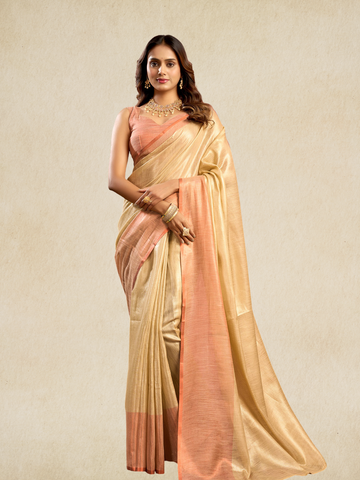 Light Brown Plain Tissue Silk Saree with Contrast Weave Border