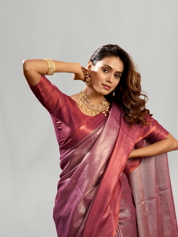 Magenta Plain Tissue Silk Saree with Contrast Weave Border