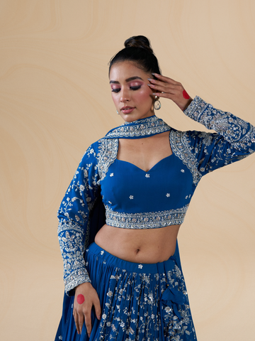 Blue Viscose Banarasi Tissue Lehenga Choli with Four-Side Embroidered Dupatta