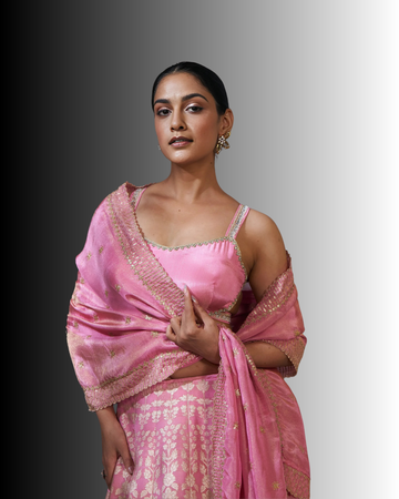 Pink Viscose Banarasi Tissue Lehenga Choli with Four-Side Embroidered Dupatta