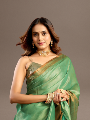 Rama Green Plain Tissue Silk Saree with Contrast Weave Border