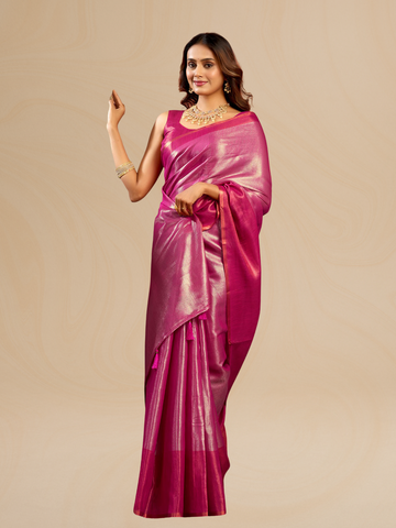 Rani Pink Plain Tissue Silk Saree with Contrast Weave Border