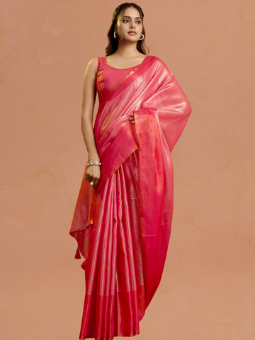 Red Plain Tissue Silk Saree with Contrast Weave Border