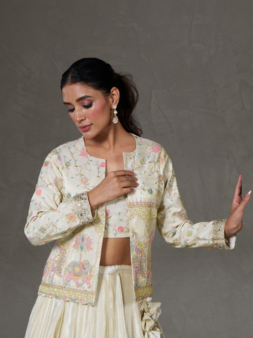 Off-White Viscose Banarasi Tissue Lehenga Choli with Four-Side Embroidered Dupatta