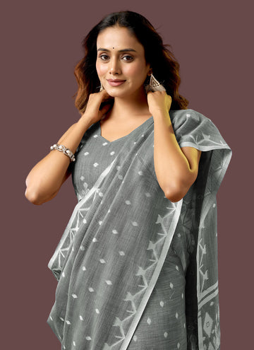Grey Pure Cotton Jamdani Saree with Floral & Leaf Butti Weaving