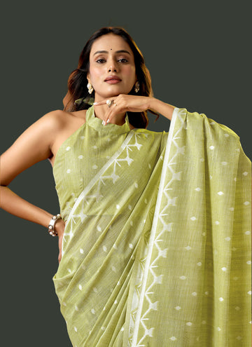 Mehendi Green Pure Cotton Jamdani Saree with Floral & Leaf Butti Weaving