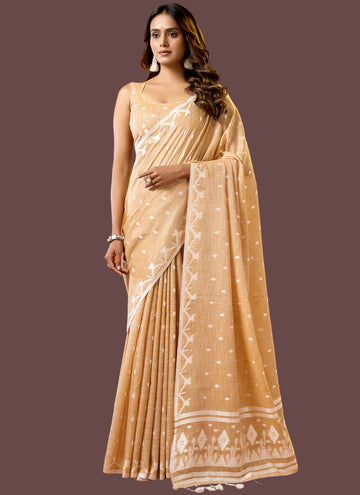 Mustard Yellow Pure Cotton Jamdani Saree with Floral & Leaf Butti Weaving