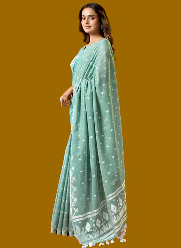 Rama Green Pure Cotton Jamdani Saree with Floral & Leaf Butti Weaving