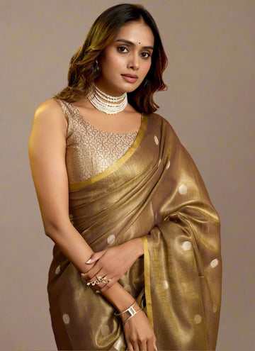 Elegant Brown Tissue Silk Polka Weave Pure Saree with All-Over Weave & Matching Blouse