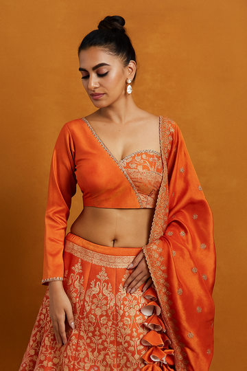 Orange Viscose Banarasi Tissue Lehenga Choli with Four-Side Embroidered Dupatta
