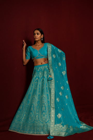 Sky Blue Viscose Banarasi Tissue Lehenga Choli with Four-Side Embroidered Dupatta