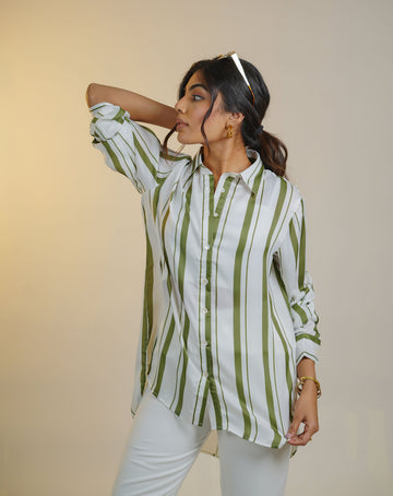 Olive Green Satin Striped Shirt