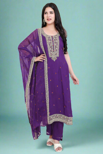 Purple Georgette Embroidered Salwar Suit with Dupatta – Festive and Wedding Wear