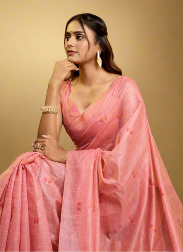 Pink Pure Cotton Jamdani Saree with Allover Leaf Butti & Floral Weaving