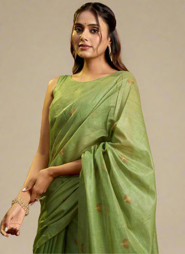Pista Green Pure Cotton Jamdani Saree with Allover Leaf Butti & Floral Weaving