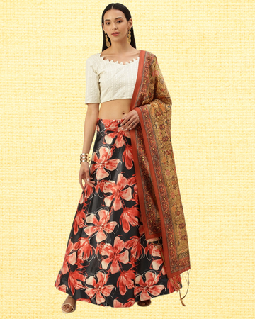 Black Satin Silk Designer Anarkali Lehenga with Vibrant Digital Prints