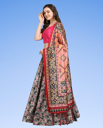Grey Satin Silk Anarkali Lehenga Choli with Digital Print & Shiny Silk Dupatta