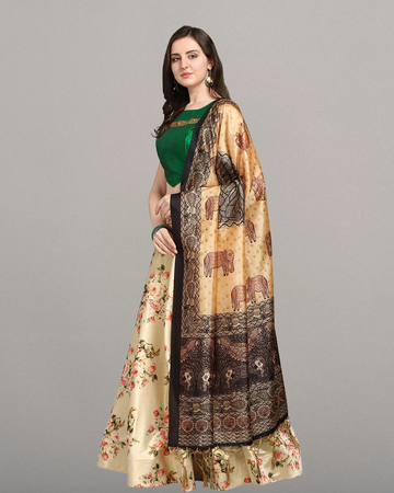 Premium Cream Satin Silk Blend Anarkali Lehenga Choli with Digital Print & Shiny Silk Dupatta