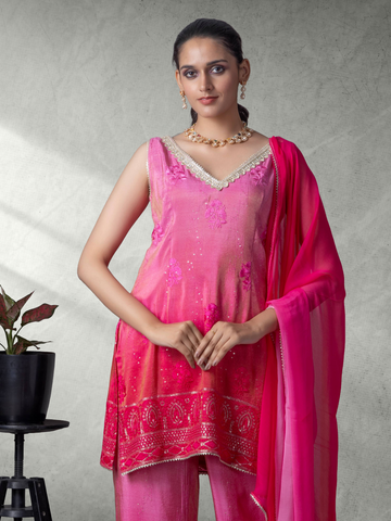 Shaded Pink Viscose Palazzo Top Set with Dupatta