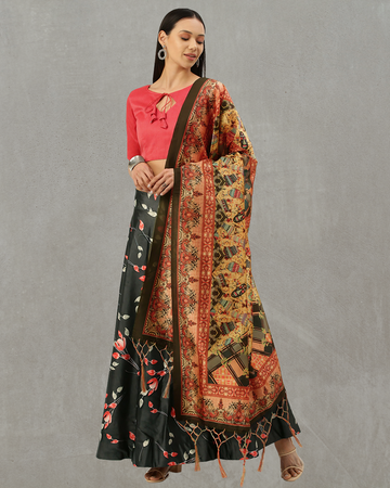 Green Satin Silk Lehenga Choli with Digital Print & Soft Shiny Silk Dupatta