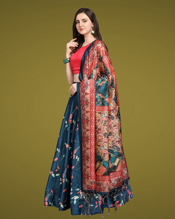 Blue Satin Silk Anarkali Lehenga Choli with Digital Print & Shiny Silk Dupatta