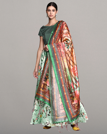Light Green Satin Silk Anarkali Lehenga with Exquisite Digital Motifs