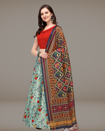 Sky Blue Satin Silk Anarkali Lehenga with Digital Ethnic Design