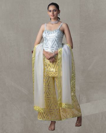Lemon and Blue Silk Palazzo Top Set with Sequins Work