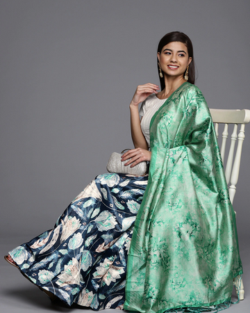 Navy Blue Satin Silk Anarkali Lehenga with Luxe Digital Print