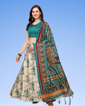 Off-White Satin Silk Anarkali Lehenga with Ethnic Digital Print & Silk Dupatta