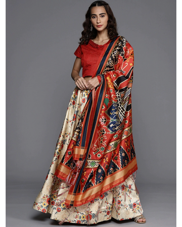 Cream Satin Silk Anarkali Lehenga with Vibrant Digital Artwork