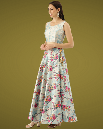 Light Blue Satin Silk Anarkali Lehenga with Digital Floral Motifs