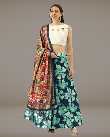 Royal Blue Satin Silk Anarkali Lehenga with Elegant Digital Floral Prints