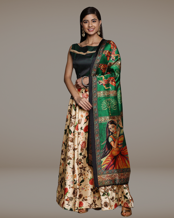 Designer Cream Satin Silk Blend Lehenga Choli with Digital Print & Glossy Dupatta