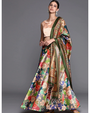 Green Satin Silk Anarkali Lehenga with Traditional Digital Print