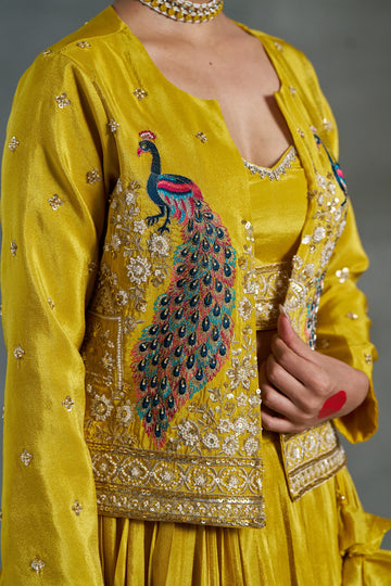 Yellow Viscose Banarasi Tissue Lehenga Choli with Four-Side Embroidered Dupatta