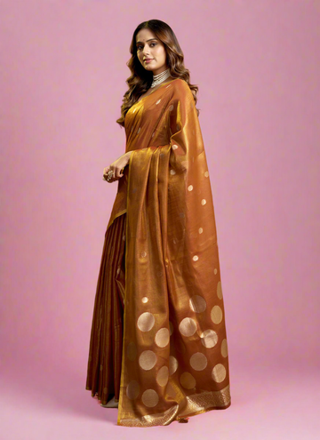 Elegant Rust Orange Tissue Silk Polka Weave Pure Saree with All-Over Weave & Matching Blouse