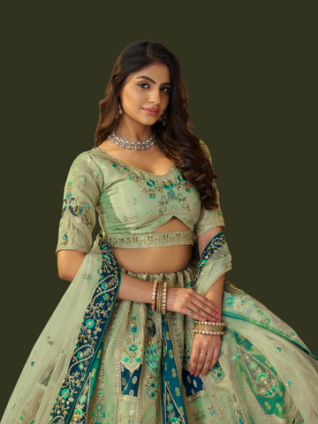 Fresh green Banarasi silk lehenga for vibrant ethnic style