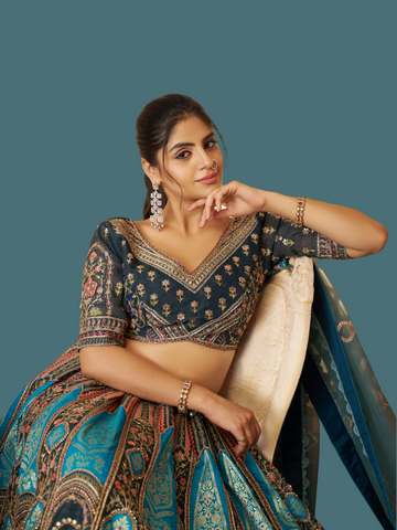 Royal Blue Banarasi Silk Semi-Stitched Lehenga with Net Dupatta