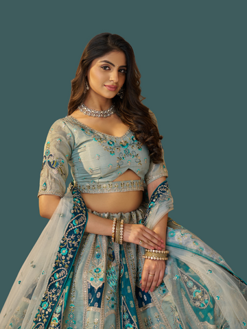 Sky blue Banarasi silk lehenga for ethnic charm