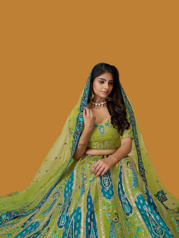 Fresh green Banarasi silk lehenga for vibrant ethnic style