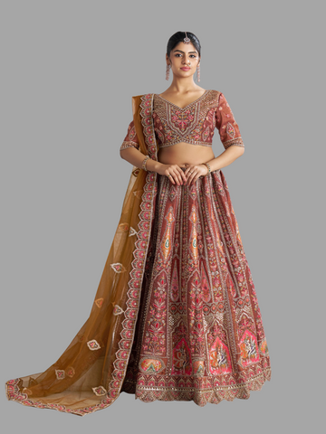 Designer coffee lehenga in Banarasi silk for festive glam