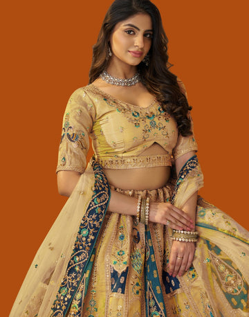 Sunny yellow Banarasi silk lehenga for joyful celebrations