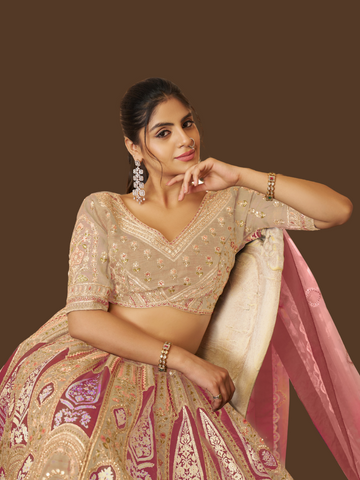 Subtle chiku tone lehenga with rich Banarasi silk elegance