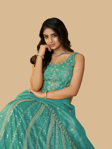Sky blue Jimmy Choo lehenga for serene ethnic elegance