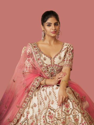 Elegant white silk lehenga for bridal and festive wear