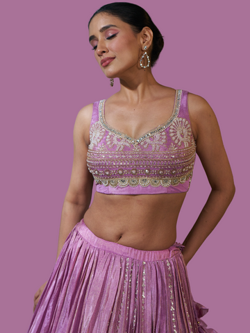 Pure Purple Viscose Banarasi Tissue Lehenga Choli with Four-Side Embroidered Dupatta