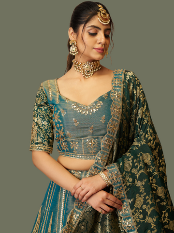 Green Bridal Net Tissue Lehenga with Jacquard Silk Dupatta