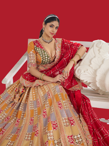 Mustard Dola silk lehenga with soft chinnon dupatta for festive grace