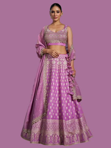 Purple Viscose Banarasi Tissue Lehenga Choli with Four-Side Embroidered Dupatta